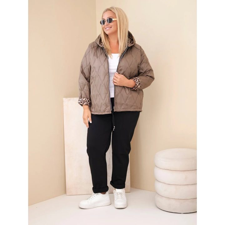 Moteriška Plus Size striukė su gobtuvu ir leopardo rašto apdaila, fango spalvos