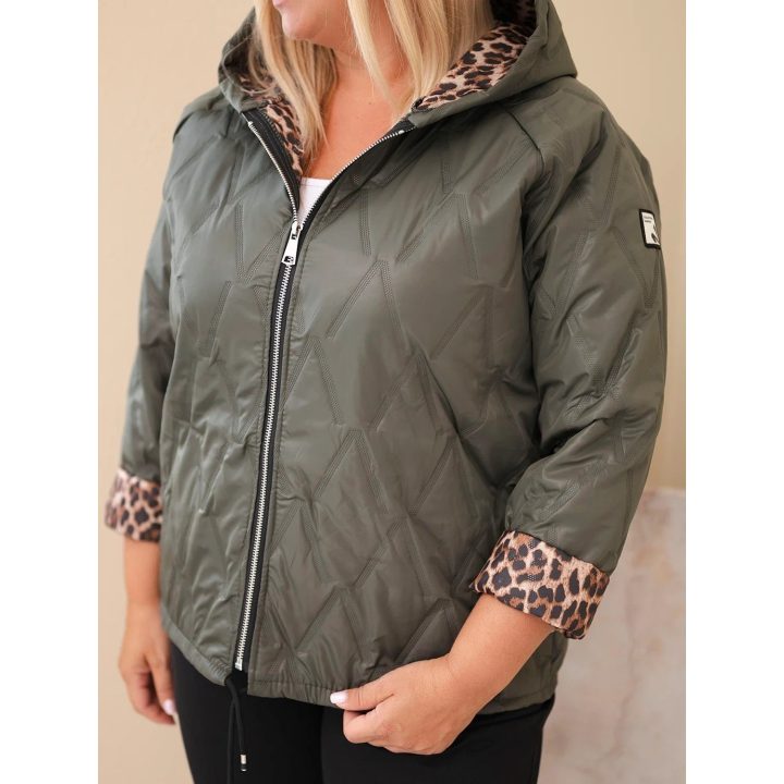 Moteriška Plus Size striukė su gobtuvu ir leopardo rašto apdaila, chaki spalvos