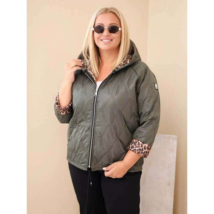 Moteriška Plus Size striukė su gobtuvu ir leopardo rašto apdaila, chaki spalvos