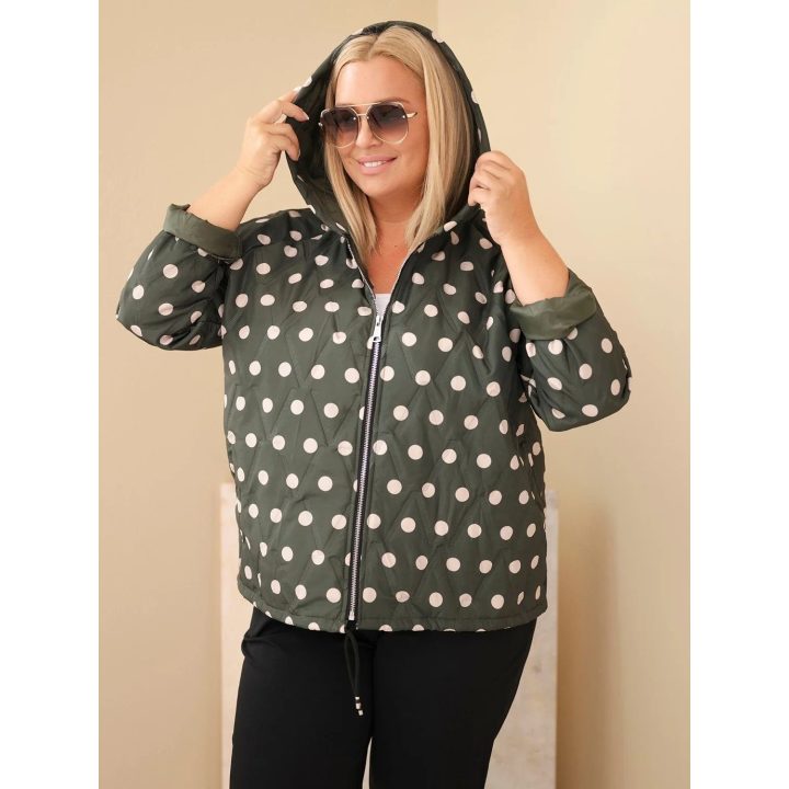 Moteriška Plus Size striukė su taškuotu raštu ir gobtuvu, chaki spalvos