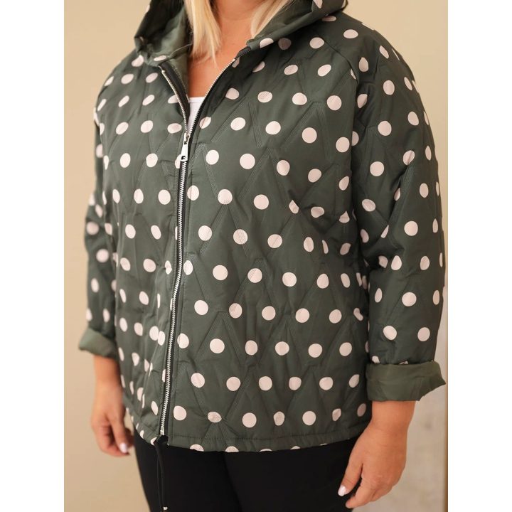 Moteriška Plus Size striukė su taškuotu raštu ir gobtuvu, chaki spalvos