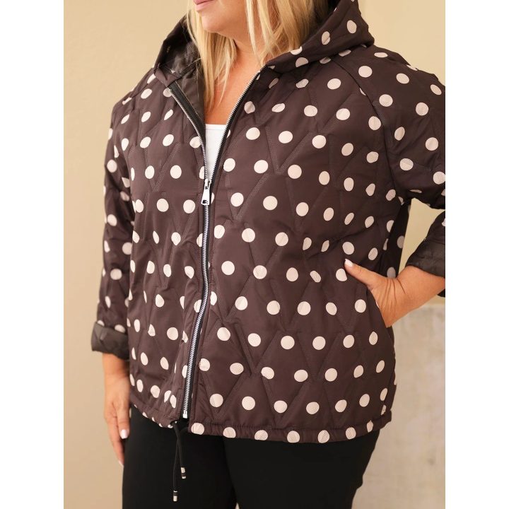 Moteriška Plus Size striukė su gobtuvu ir taškuotu raštu, ruda