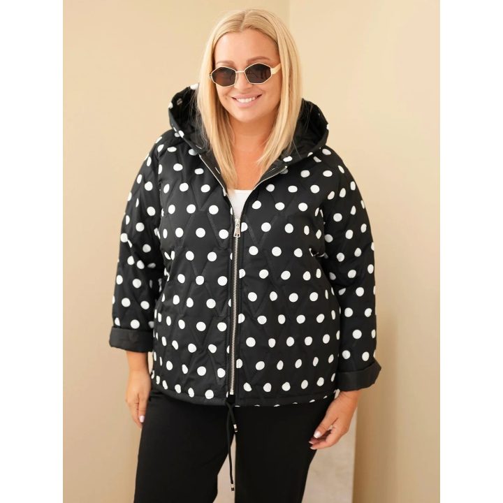 Moteriška Plus Size striukė su gobtuvu ir taškuotu raštu, juoda