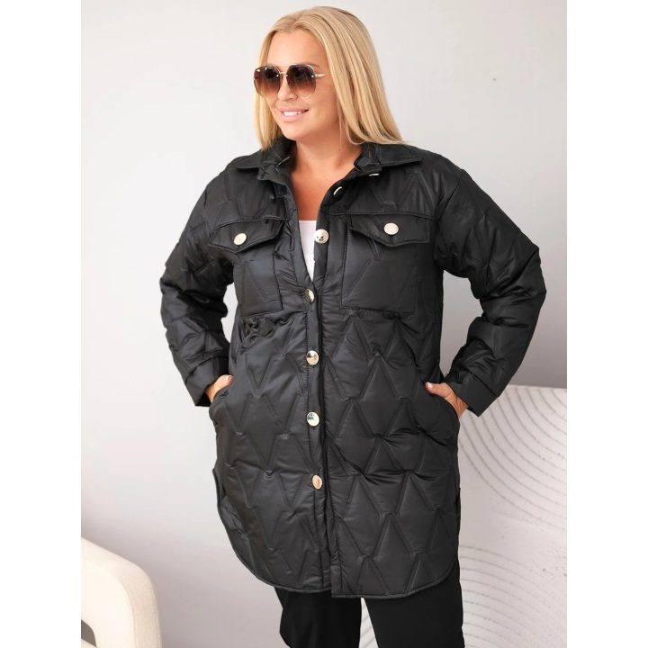 Moteriška Plus Size dygsniuota striukė su apykakle ir kišenėmis, juoda