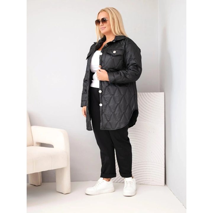 Moteriška Plus Size dygsniuota striukė su apykakle ir kišenėmis, juoda