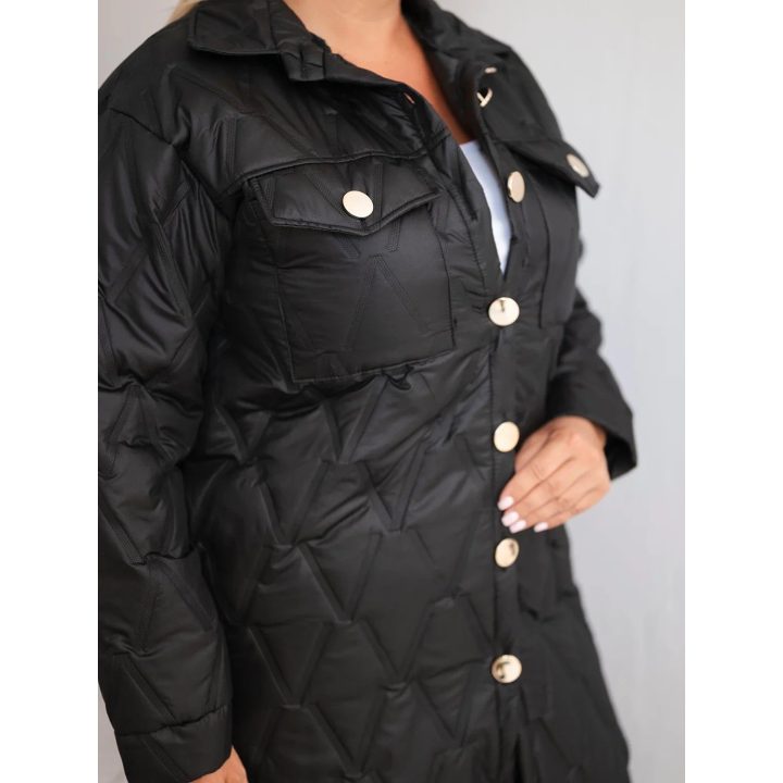Moteriška Plus Size dygsniuota striukė su apykakle ir kišenėmis, juoda
