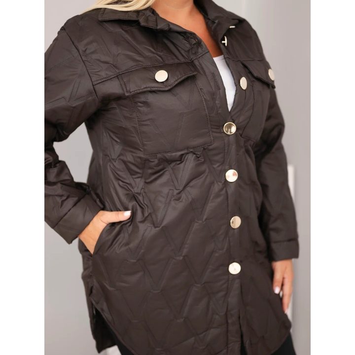 Moteriška Plus Size dygsniuota striukė su apykakle ir kišenėmis, ruda