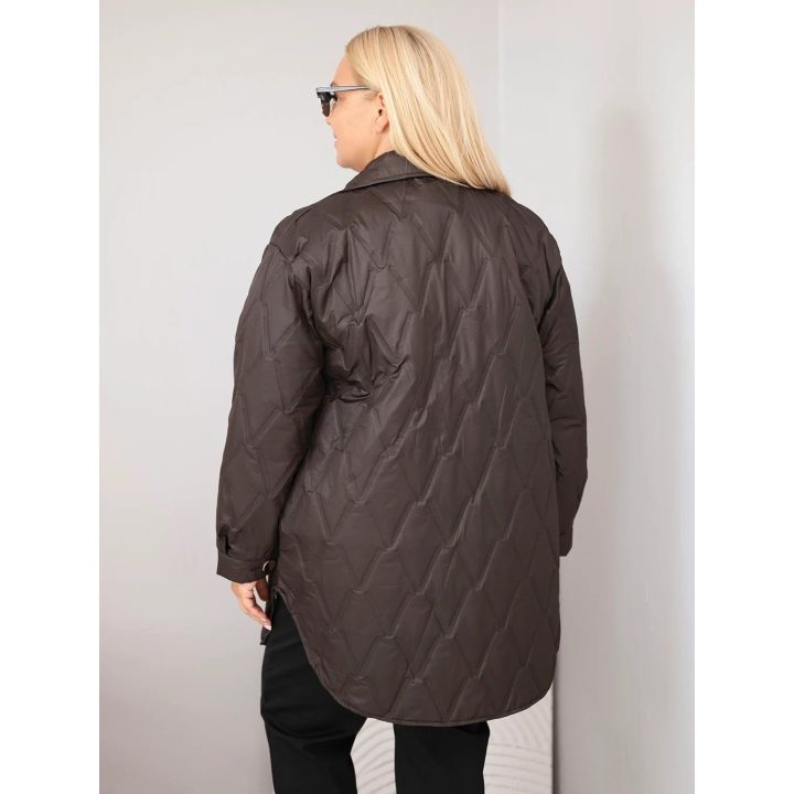 Moteriška Plus Size dygsniuota striukė su apykakle ir kišenėmis, ruda