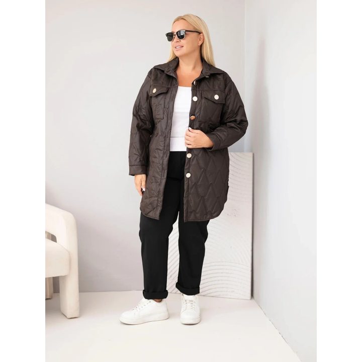 Moteriška Plus Size dygsniuota striukė su apykakle ir kišenėmis, ruda
