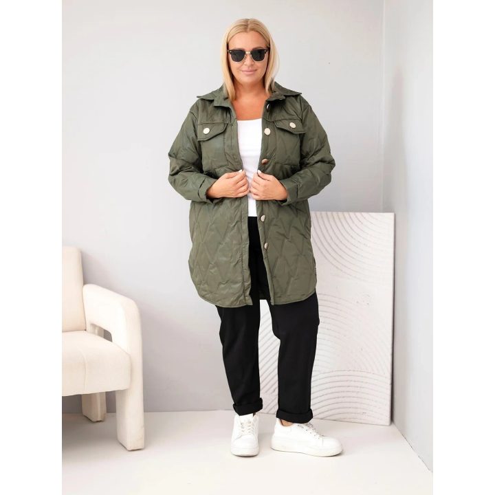 Moteriška Plus Size dygsniuota striukė su apykakle ir kišenėmis, chaki spalvos