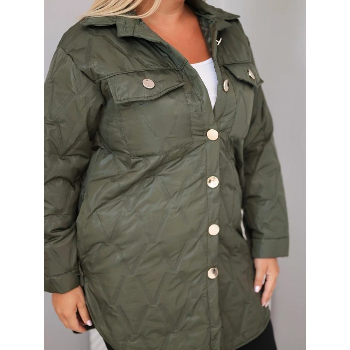 Moteriška Plus Size dygsniuota striukė su apykakle ir kišenėmis, chaki spalvos