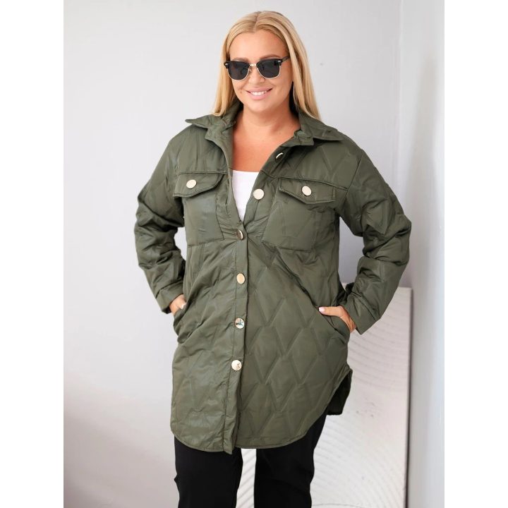 Moteriška Plus Size dygsniuota striukė su apykakle ir kišenėmis, chaki spalvos