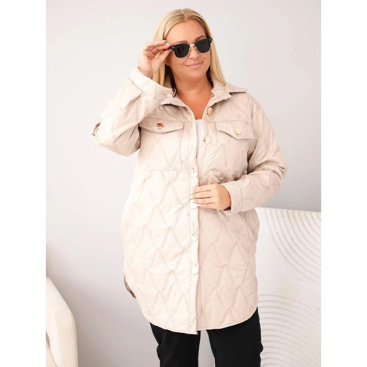 Moteriška Plus Size dygsniuota striukė su apykakle ir kišenėmis, tamsiai smėlio spalvos