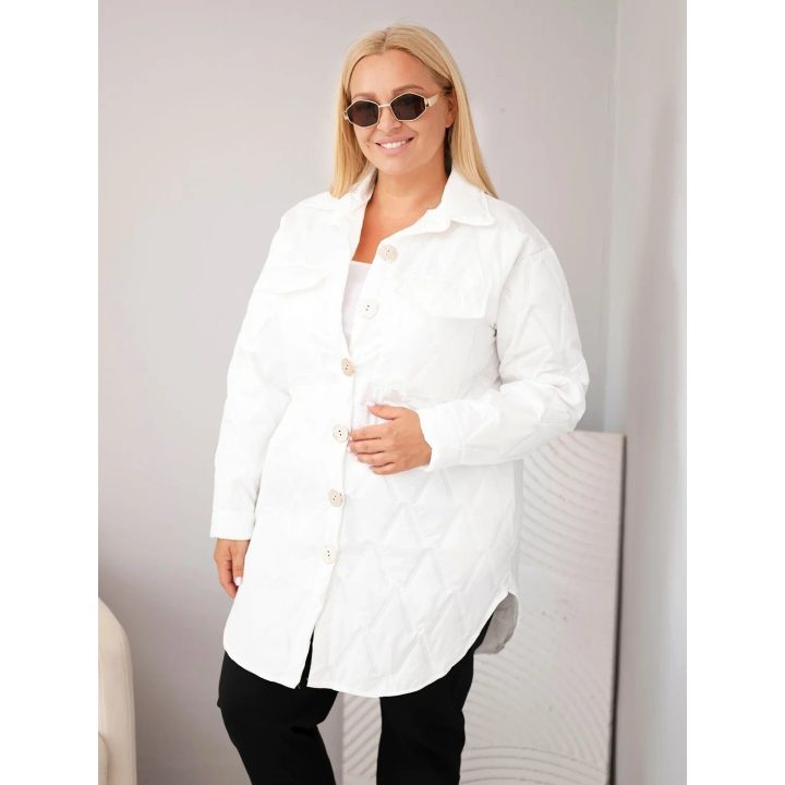 Moteriška Plus Size dygsniuota striukė su apykakle ir kišenėmis, balta