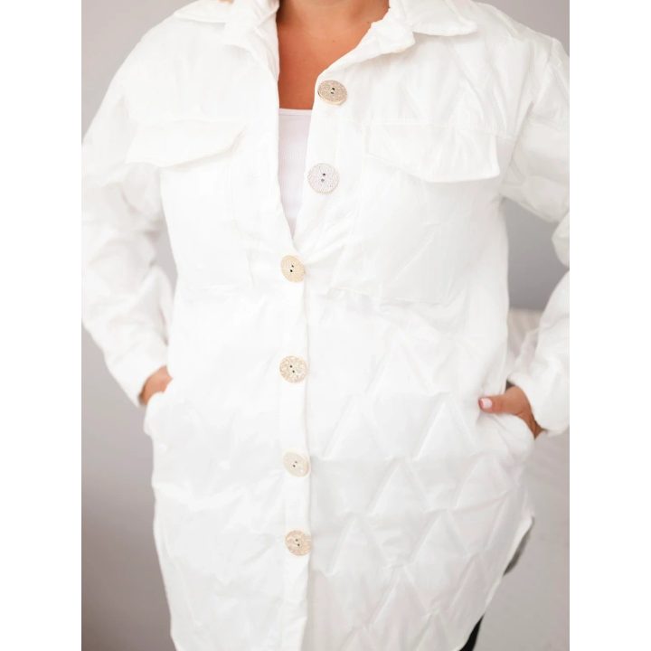 Moteriška Plus Size dygsniuota striukė su apykakle ir kišenėmis, balta