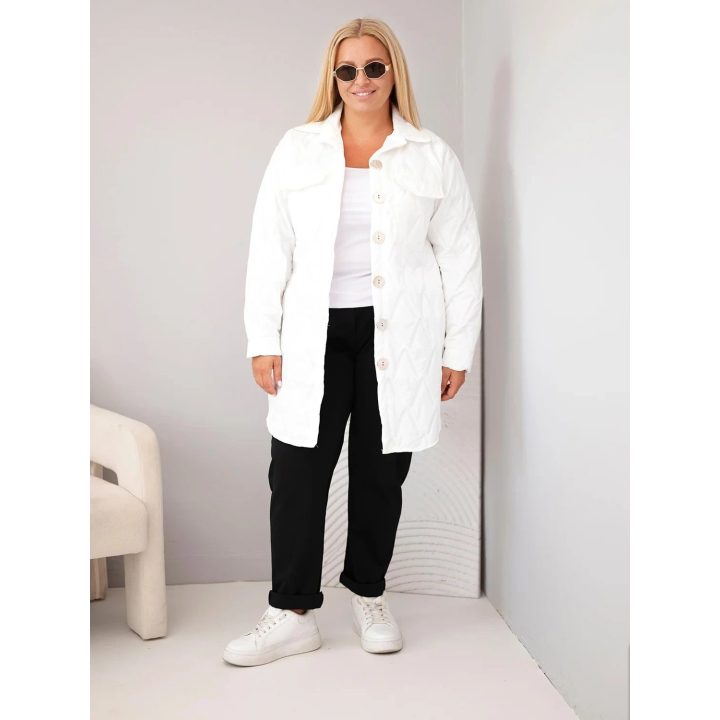 Moteriška Plus Size dygsniuota striukė su apykakle ir kišenėmis, balta