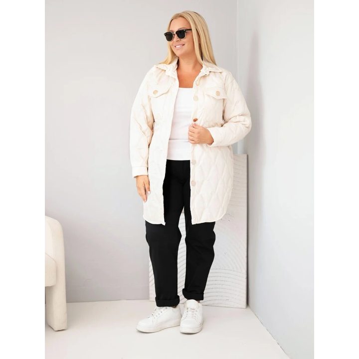 Moteriška Plus Size dygsniuota striukė su apykakle ir kišenėmis, šviesiai smėlio spalvos