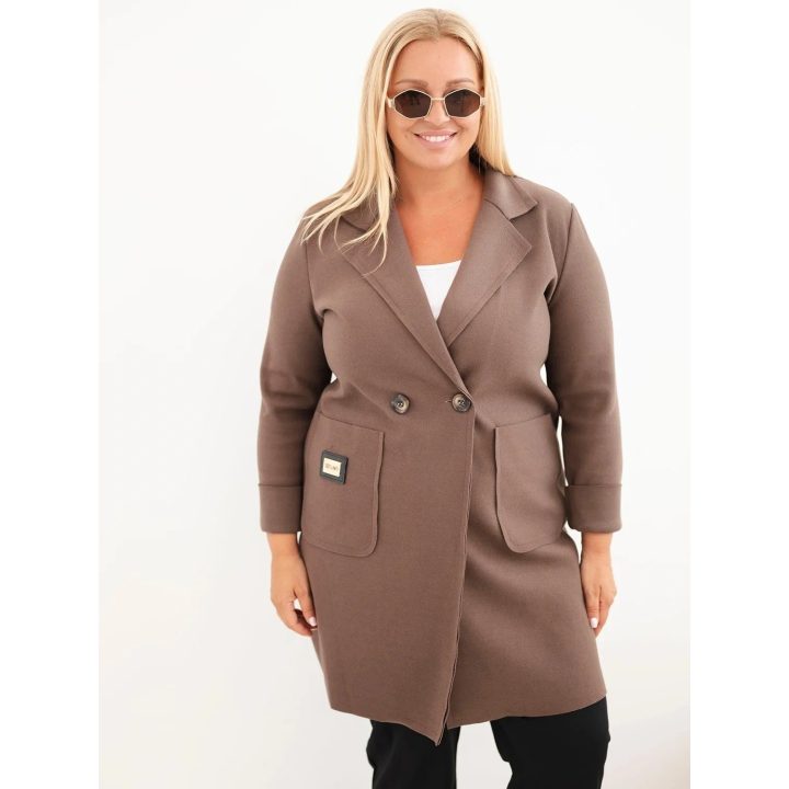 Moteriškas Plus Size paltas su apykakle ir didelėmis kišenėmis, fango spalvos