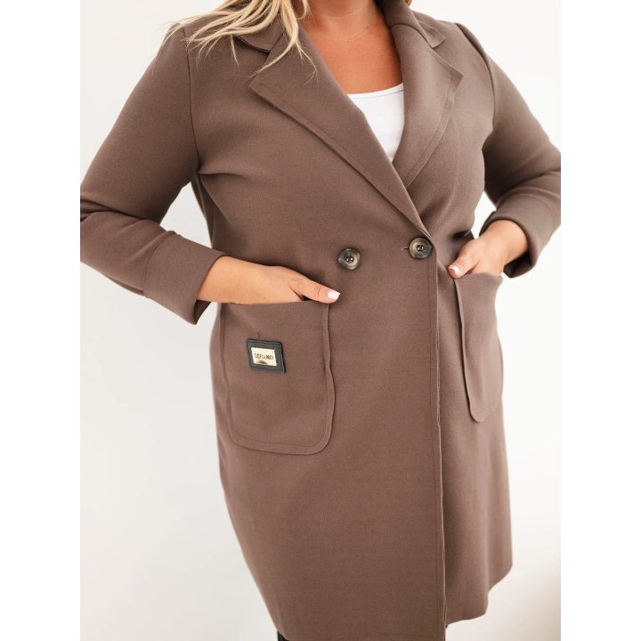 Moteriškas Plus Size paltas su apykakle ir didelėmis kišenėmis, fango spalvos