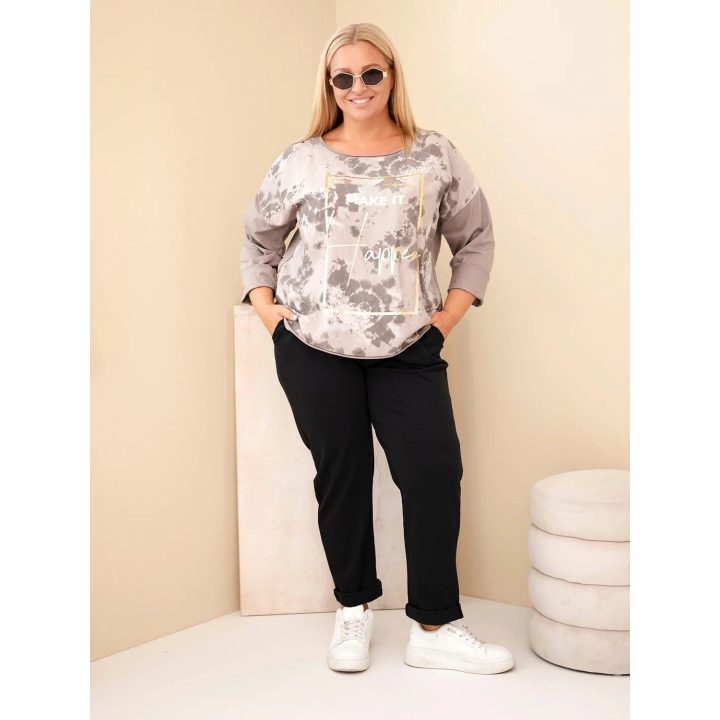 Moteriška Plus Size palaidinė su spauda ir U formos iškirpte, fango spalvos