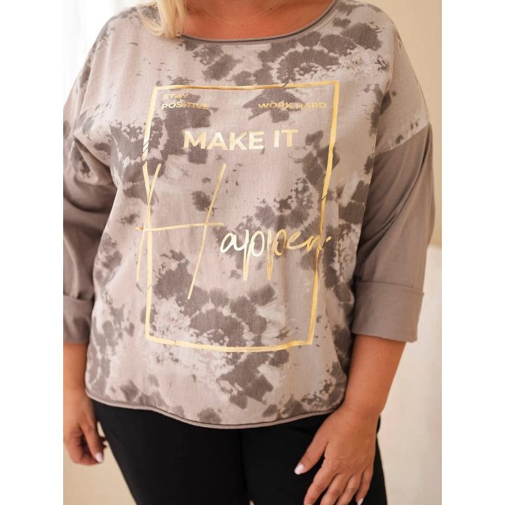 Moteriška Plus Size palaidinė su spauda ir U formos iškirpte, fango spalvos