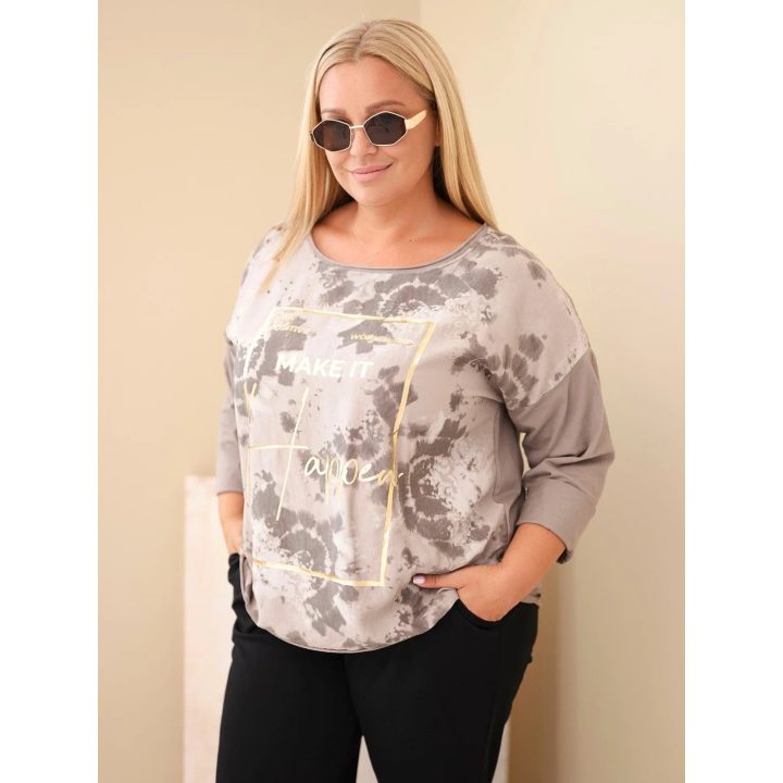Moteriška Plus Size palaidinė su spauda ir U formos iškirpte, fango spalvos