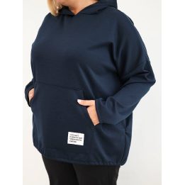 Moteriškas Plus Size džemperis su gobtuvu ir kangūros tipo kišene, tamsiai mėlynas