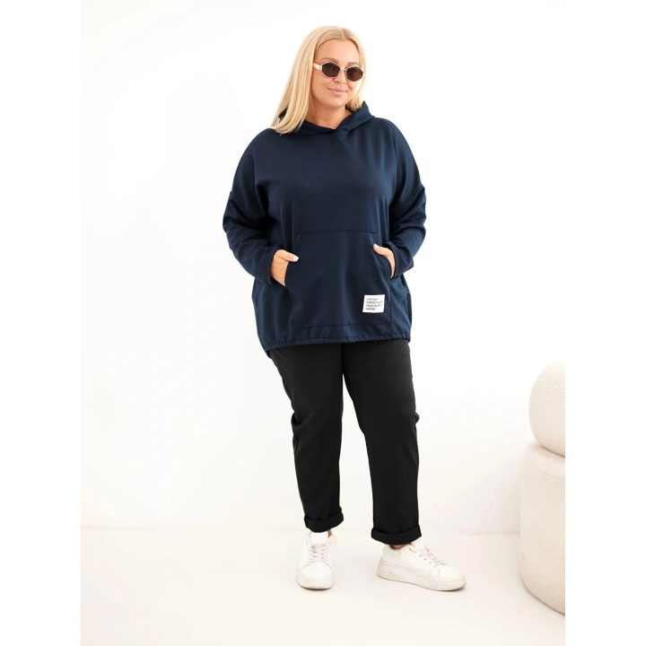 Moteriškas Plus Size džemperis su gobtuvu ir kangūros tipo kišene, tamsiai mėlynas
