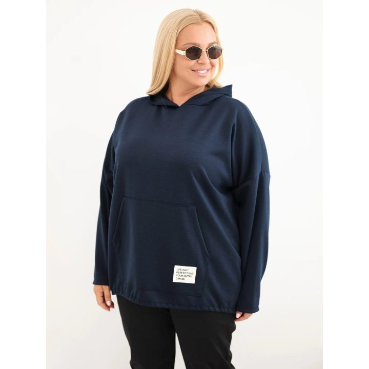 Moteriškas Plus Size džemperis su gobtuvu ir kangūros tipo kišene, tamsiai mėlynas