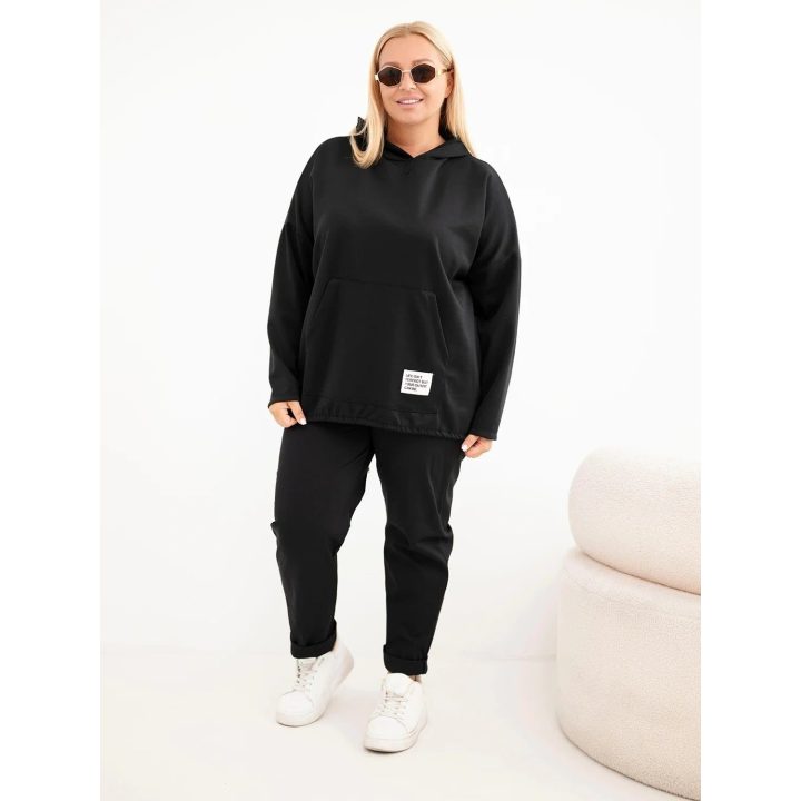 Moteriškas Plus Size džemperis su gobtuvu ir kengūros kišene, juodas