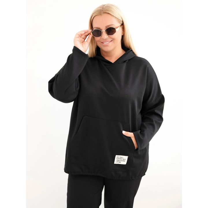 Moteriškas Plus Size džemperis su gobtuvu ir kengūros kišene, juodas