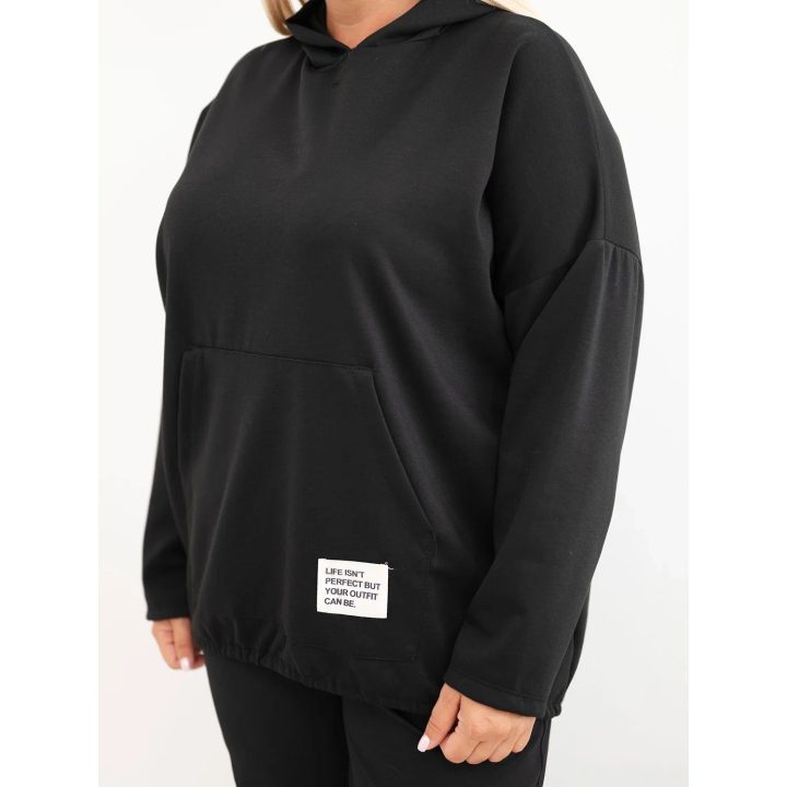 Moteriškas Plus Size džemperis su gobtuvu ir kengūros kišene, juodas