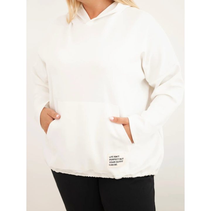 Moteriškas Plus Size džemperis su gobtuvu ir kišene kengūra, ekru spalvos