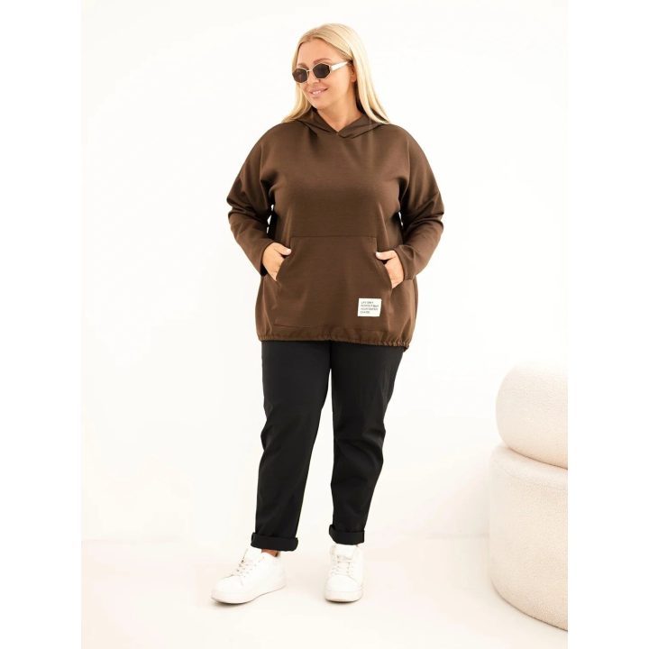 Moteriškas Plus Size džemperis su gobtuvu ir kišene, rudas
