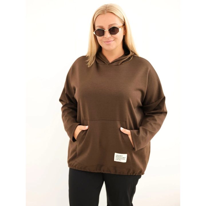 Moteriškas Plus Size džemperis su gobtuvu ir kišene, rudas