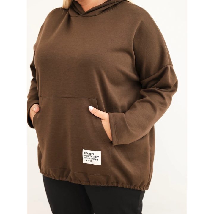 Moteriškas Plus Size džemperis su gobtuvu ir kišene, rudas