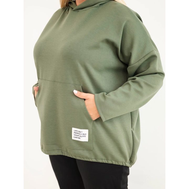 Moteriška Plus Size viskozinė džemperis su gobtuvu ir kišene, chaki spalvos