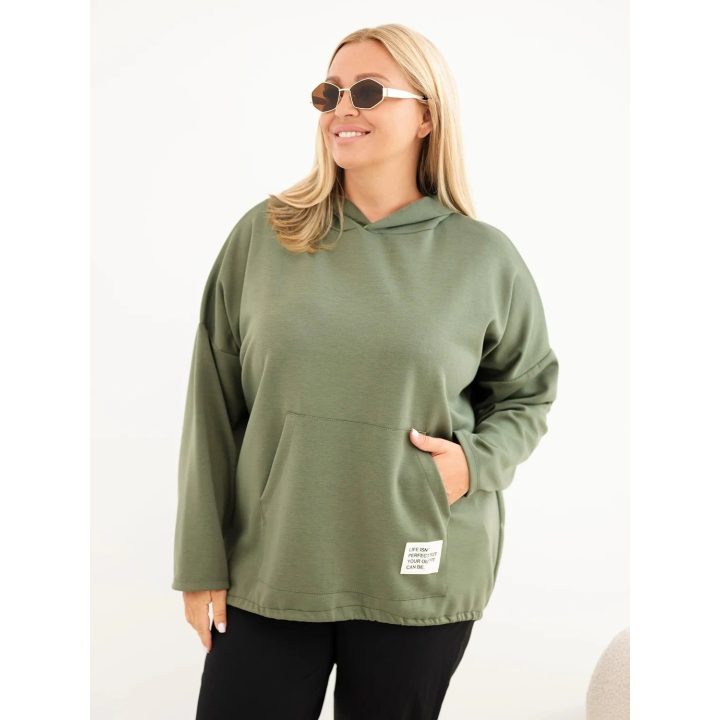 Moteriška Plus Size viskozinė džemperis su gobtuvu ir kišene, chaki spalvos