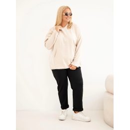Moteriškas Plus Size džemperis su gobtuvu, kišene ir reguliuojama apačia, smėlio spalvos