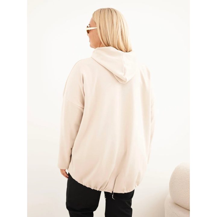 Moteriškas Plus Size džemperis su gobtuvu, kišene ir reguliuojama apačia, smėlio spalvos