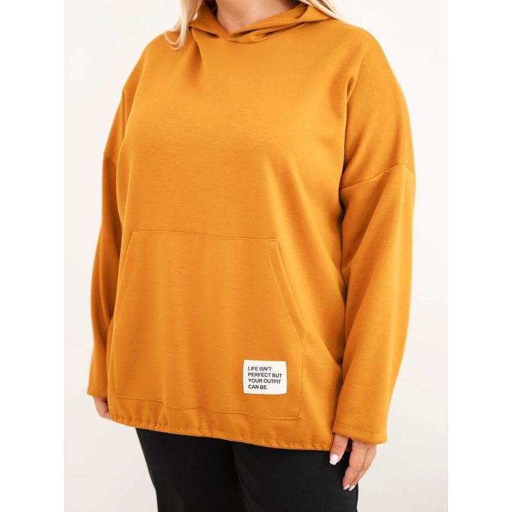 Plus Size moteriškas džemperis su gobtuvu, garstyčių spalvos
