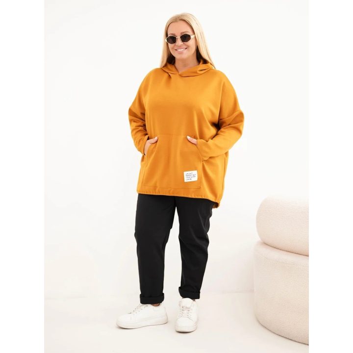 Plus Size moteriškas džemperis su gobtuvu, garstyčių spalvos