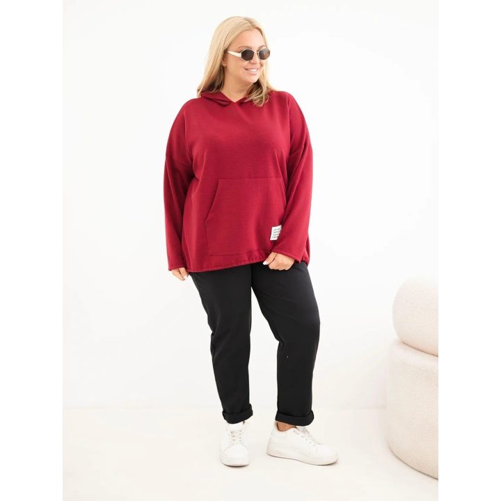 Moteriškas Plus Size džemperis su gobtuvu ir kengūros kišene, burgundiškos spalvos