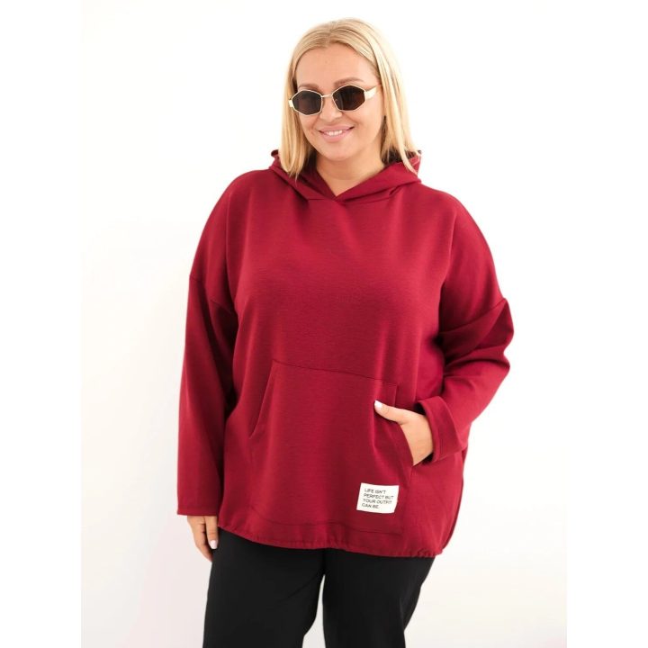 Moteriškas Plus Size džemperis su gobtuvu ir kengūros kišene, burgundiškos spalvos