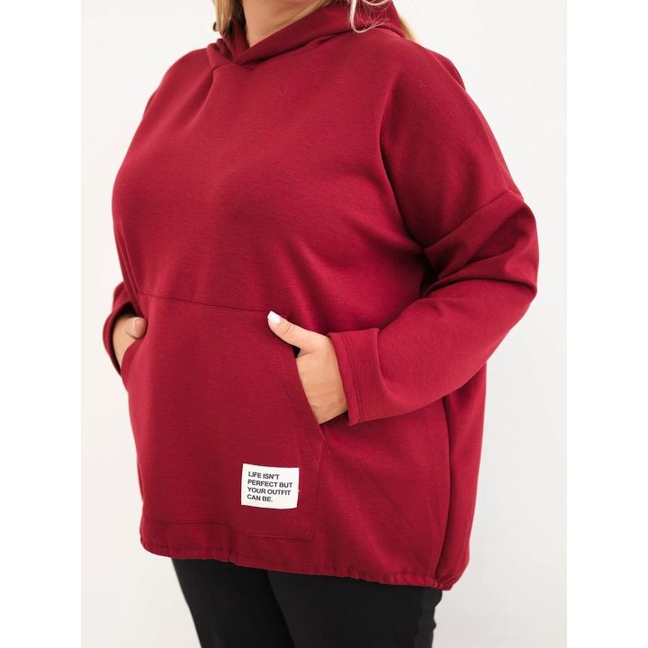 Moteriškas Plus Size džemperis su gobtuvu ir kengūros kišene, burgundiškos spalvos