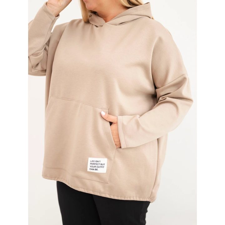 Moteriškas Plus Size džemperis su gobtuvu ir kengūros kišene, smėlio spalvos