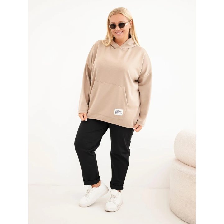 Moteriškas Plus Size džemperis su gobtuvu ir kengūros kišene, smėlio spalvos