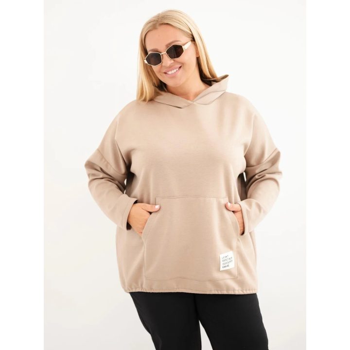 Moteriškas Plus Size džemperis su gobtuvu ir kengūros kišene, smėlio spalvos