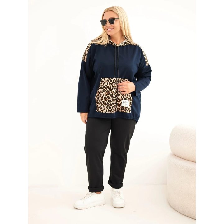 Moteriškas Plus Size džemperis su gobtuvu ir leopardo rašto intarpais, tamsiai mėlynas