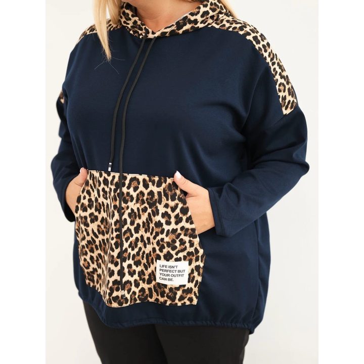 Moteriškas Plus Size džemperis su gobtuvu ir leopardo rašto intarpais, tamsiai mėlynas